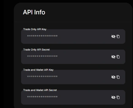 Quote.Trade API Info panel with masked key and secret fields