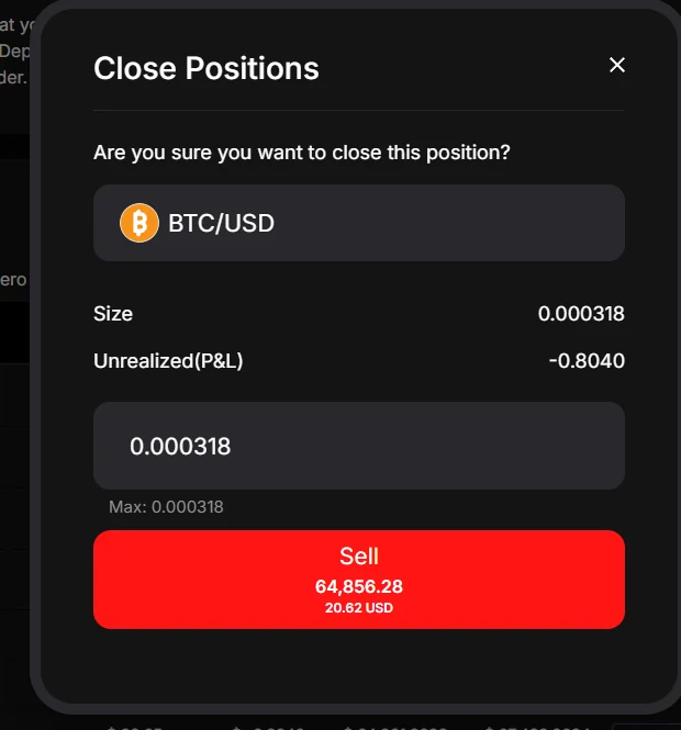 Quote.Trade Close Positions dialog showing the position size input and the red Sell confirmation button