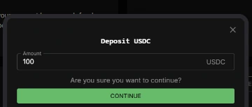 Quote.Trade USDC deposit dialog with an amount field and Continue button
