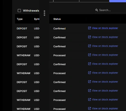 Quote.Trade transfer history showing transfer status and links to the block explorer